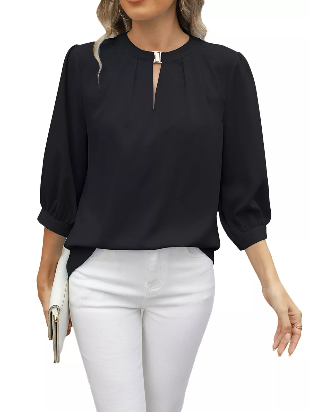 V-Neck Metal Buckle Detail Blouse, detail view in black