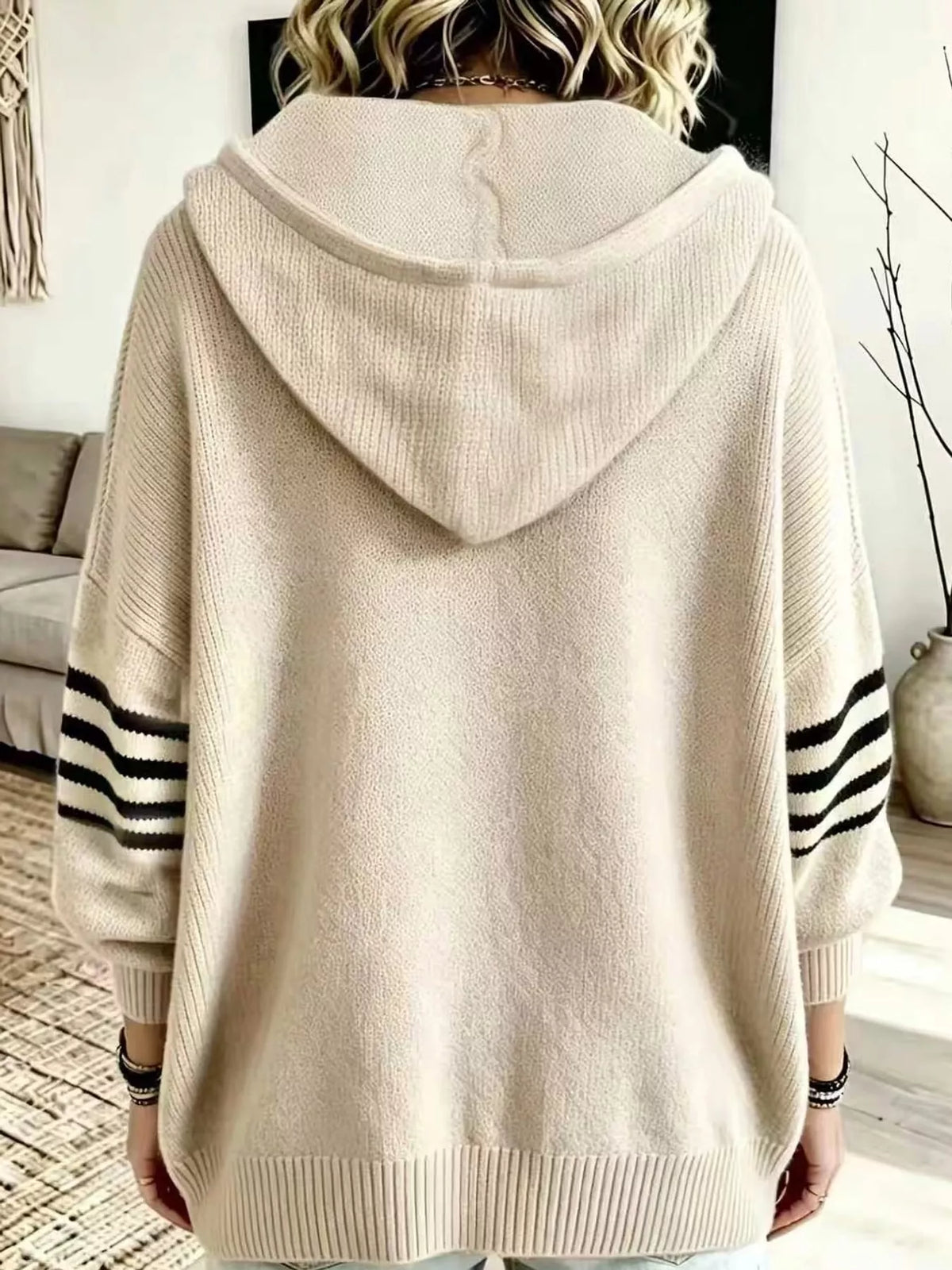 Apricot hooded zip-up knit cardigan, back view