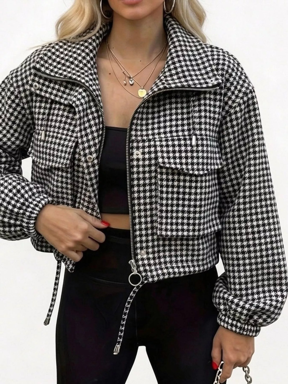 Black And White plaid cropped zip-up jacket