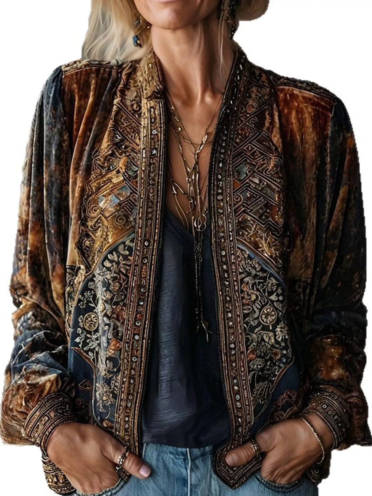 Ornamental Print Open Front Cardigan in multicolor, front view