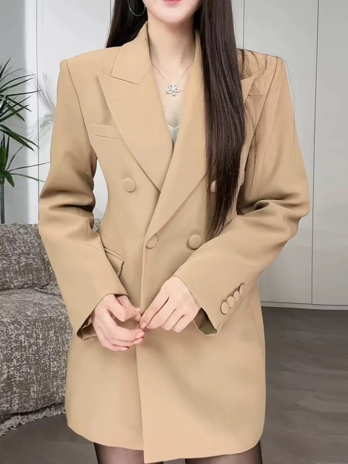 Double-breasted blazer, tan front