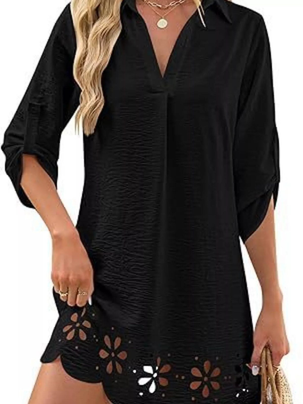 Trendsi Scalloped Eyelet Hem Roll-Up Sleeve Dress -