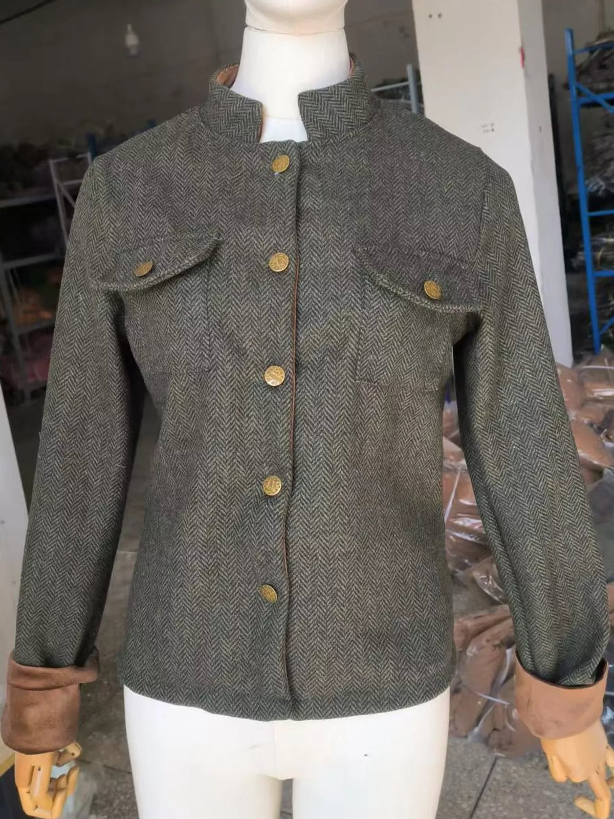 Gray herringbone tweed blazer with velvet cuffs