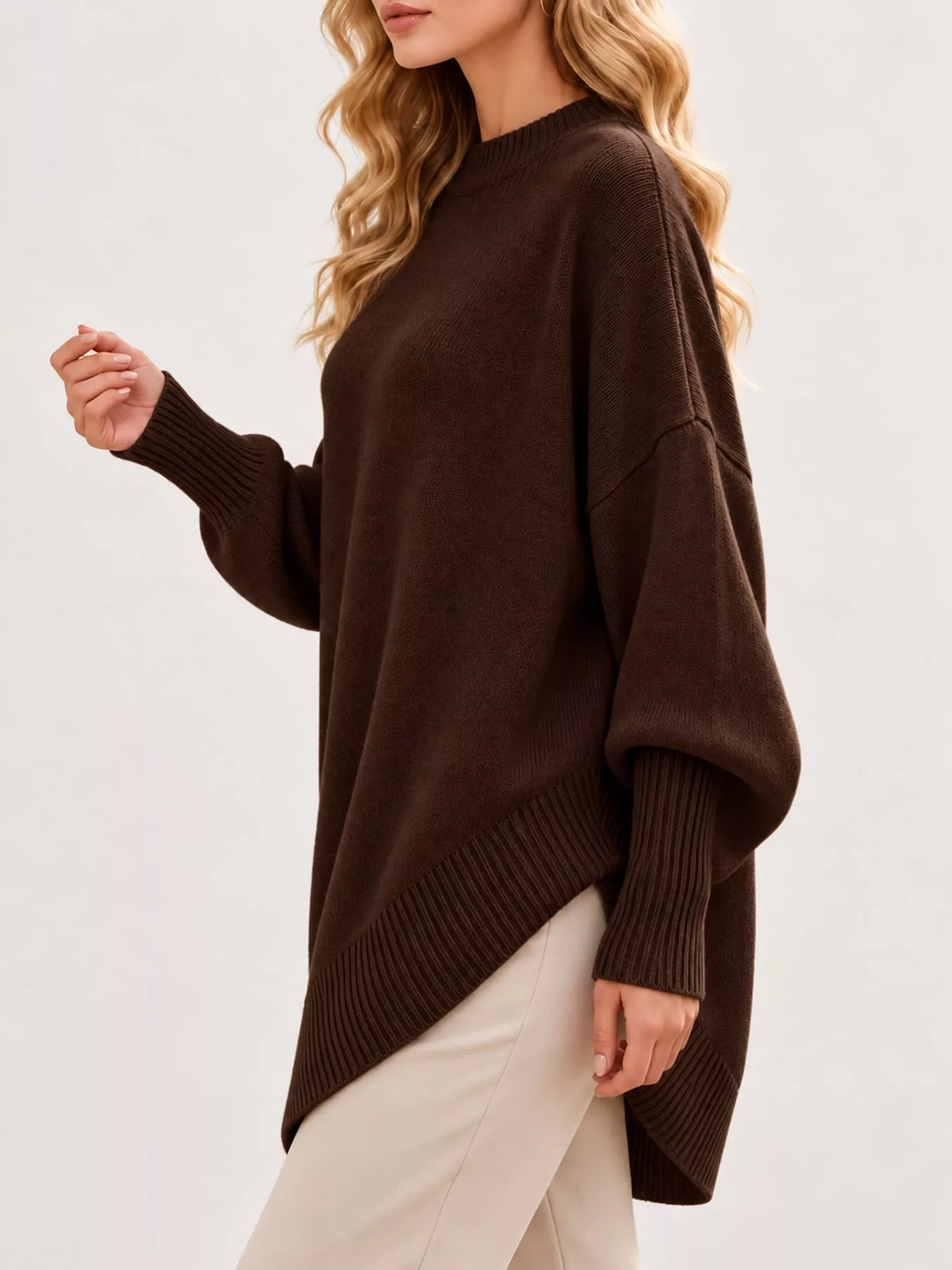 Ribbed Knit Dropped Shoulder Sweater in brown