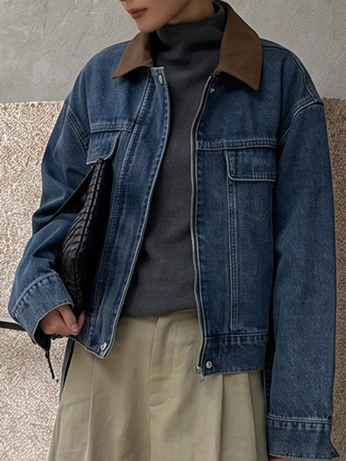 Contrast Collar Zip-Up Denim Jacket in dark denim