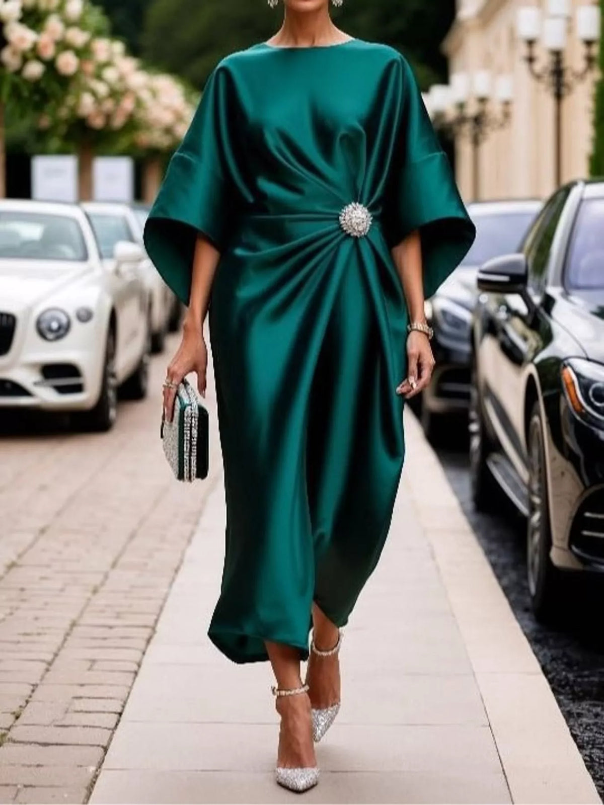 Green satin draped brooch evening dress