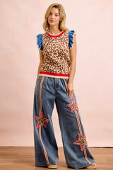 Trendsi BiBi 4th Of July Leopard Ruffled Detail Knit Top -