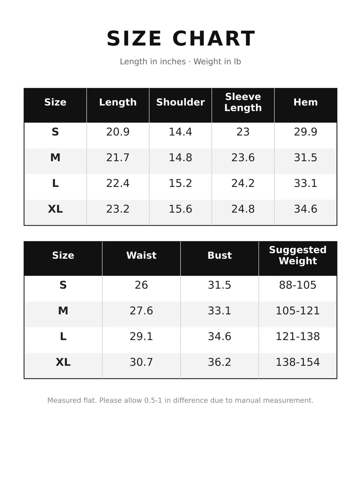 Size chart for lace detail long sleeve t-shirt