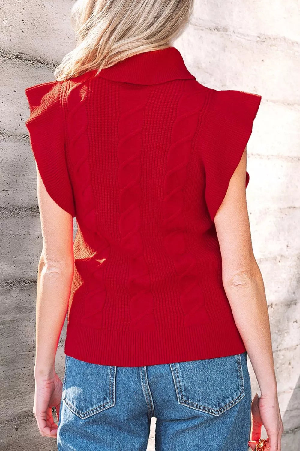 Trendsi Cable Knit Turtleneck Ruffled Short Sleeve Sweater -