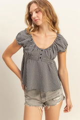 Trendsi HYFVE Gingham Scoop Neck Cap Sleeve Blouse -