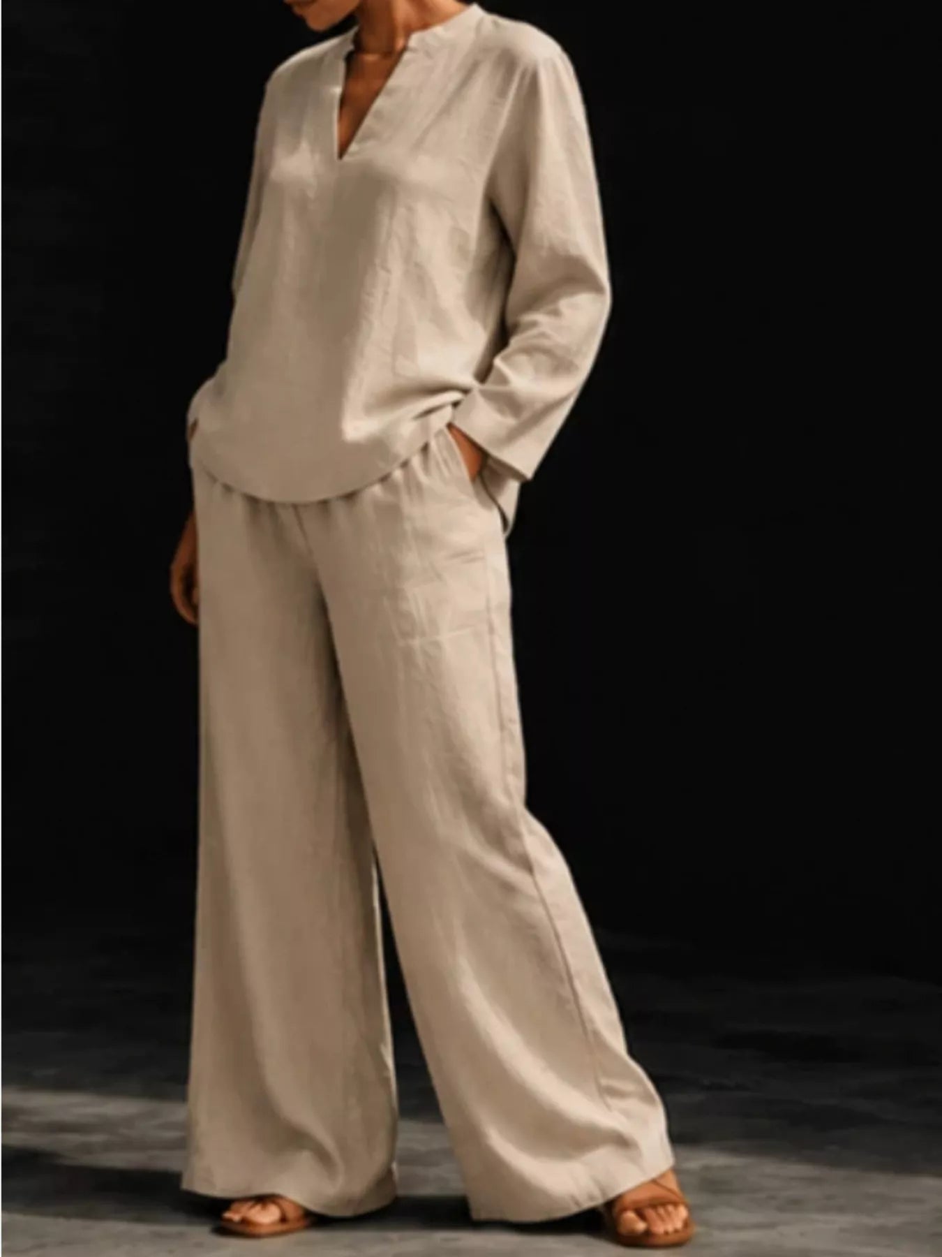 Trendsi Notched Long Sleeve Top and Pants Set -