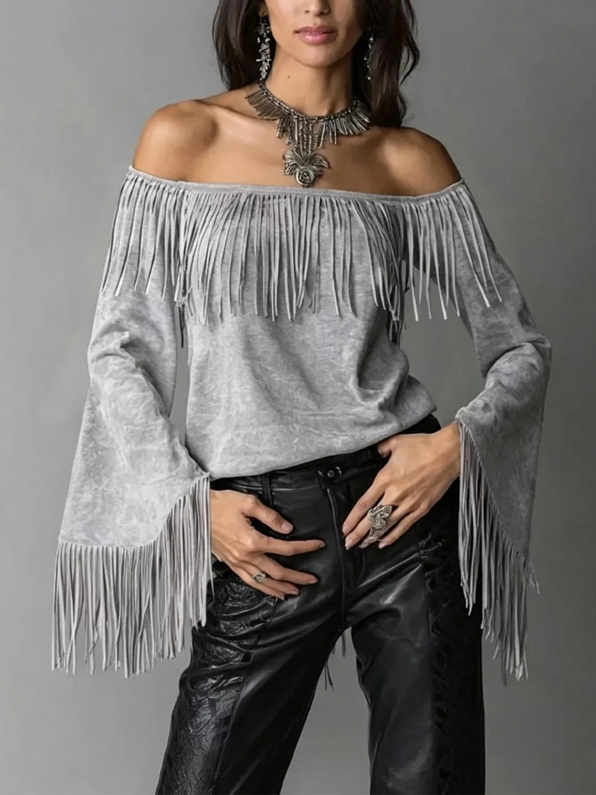 Off-shoulder faux suede fringe top in gray, front view