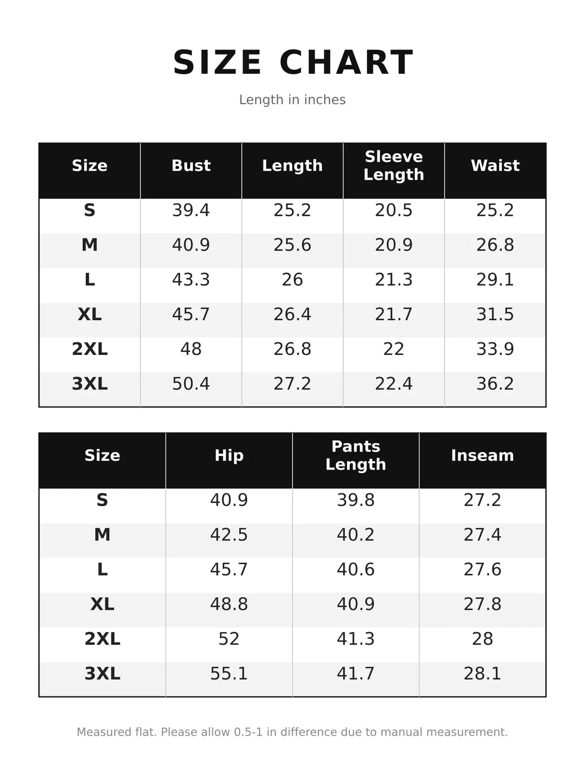 Velour Long Sleeve Top and Wide-Leg Pants Set — size and measurement chart