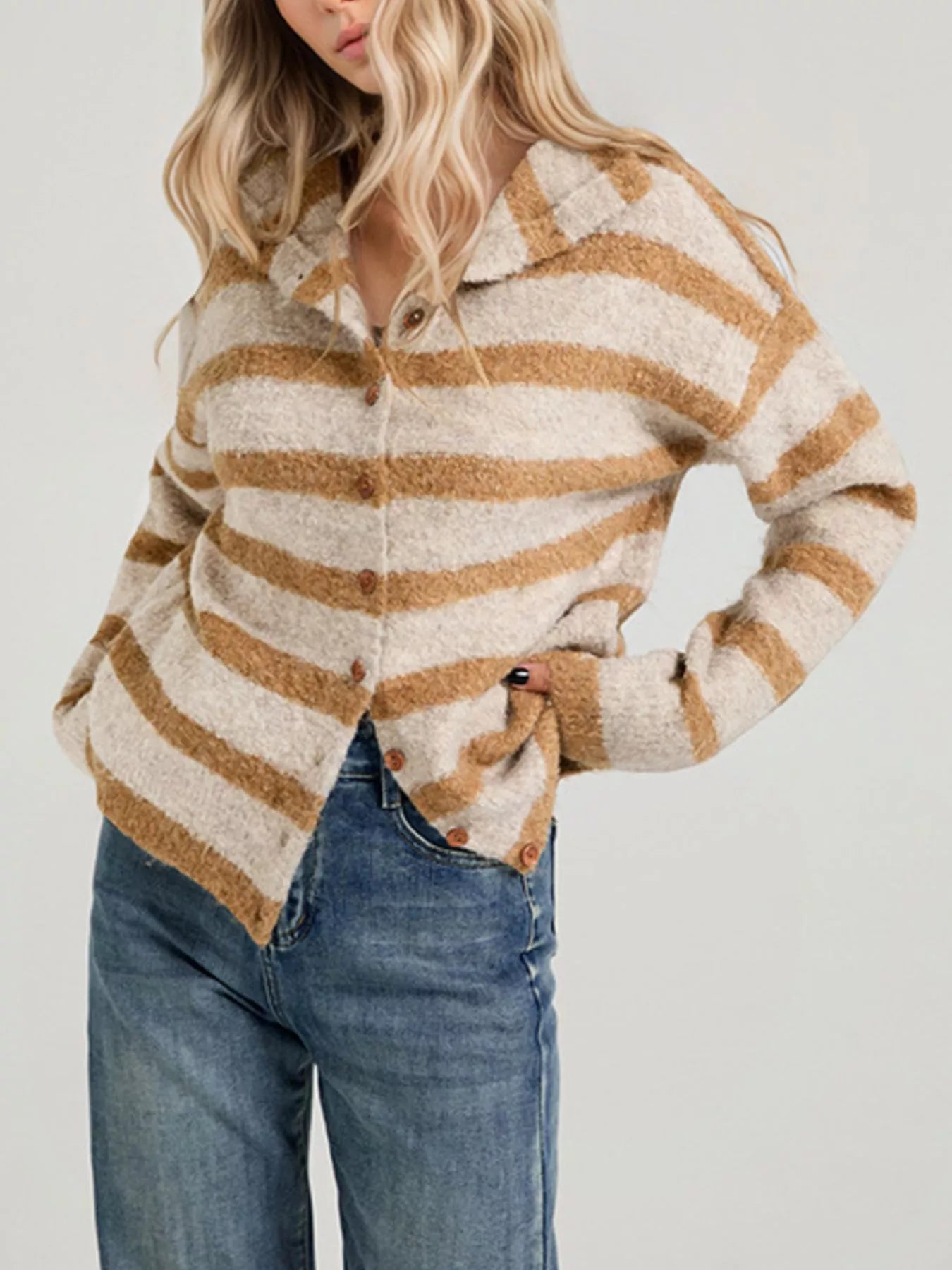 Trendsi Striped Fuzzy Knit Cardigan -