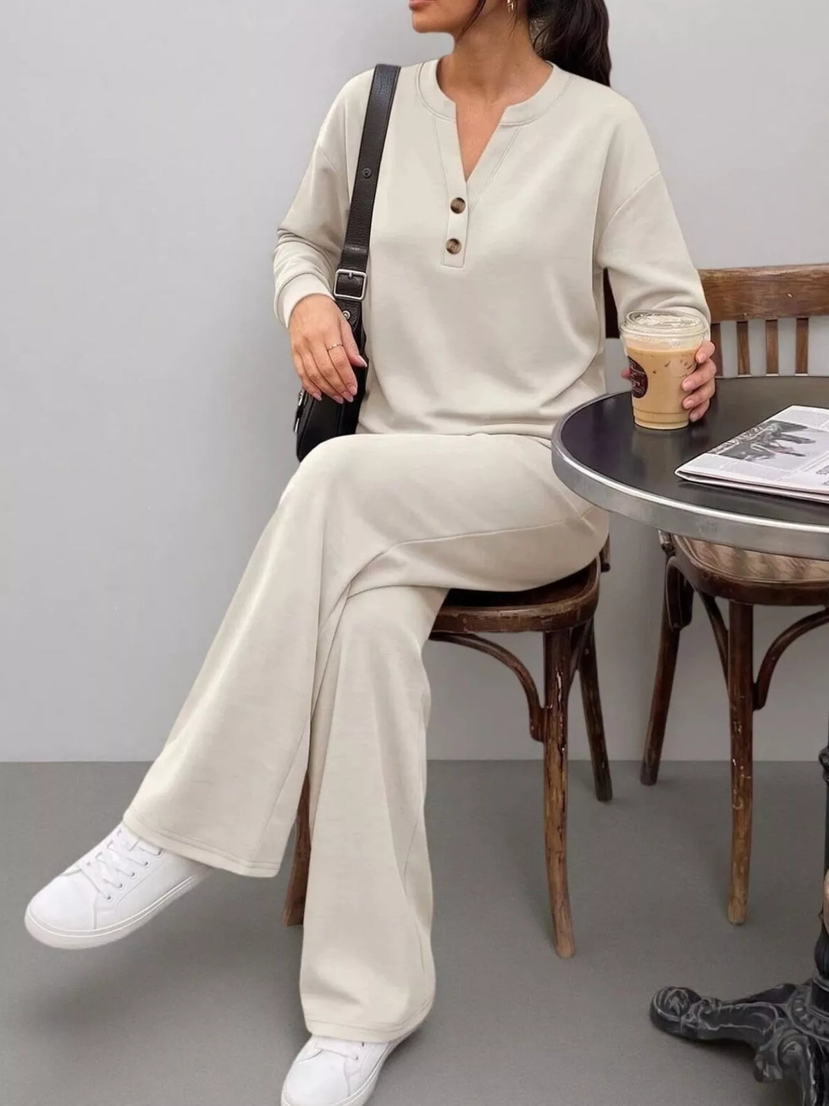 Beige button detail top and wide-leg pants set — front view