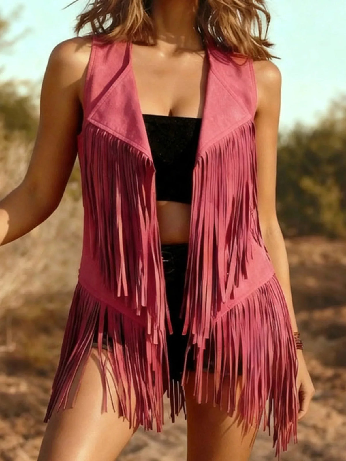 Fringed Hem Vest in pink, front view