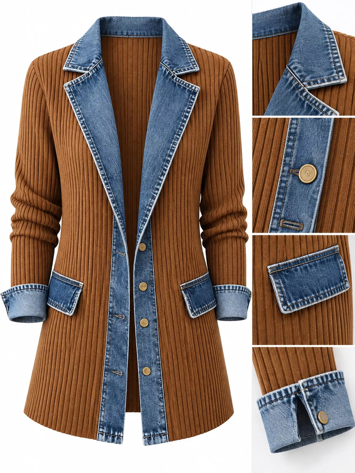 Brown denim trim ribbed knit cardigan, denim-trim lapels, buttons, pocket flaps, and cuffs