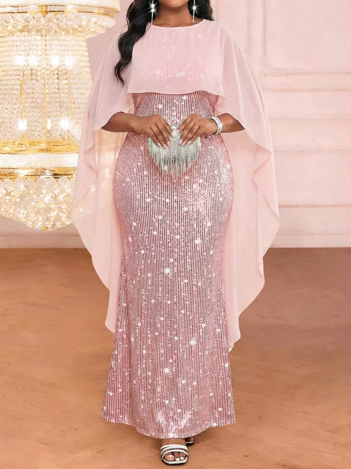 Women's Sequin Cape Overlay Evening Dress in pink — front view