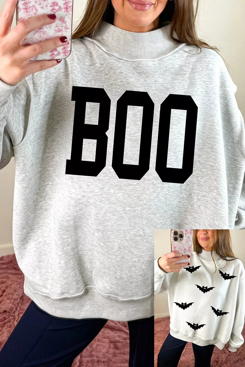 Halloween BOO & Bat Printed Reversible Mock Neck Sweatshirt in gray boo and white bats, comparison view