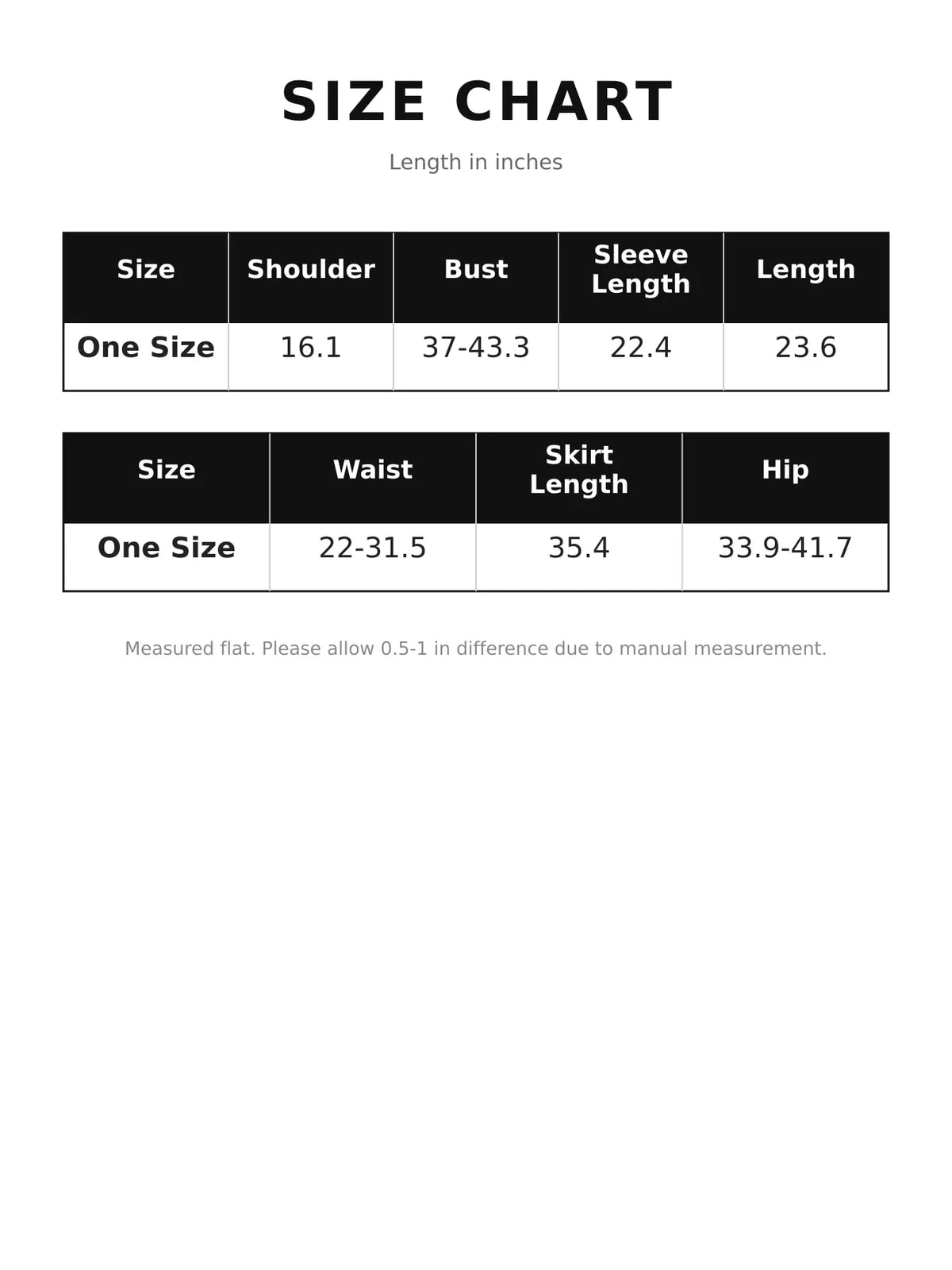 Size and measurement chart for cardigan and skirt set