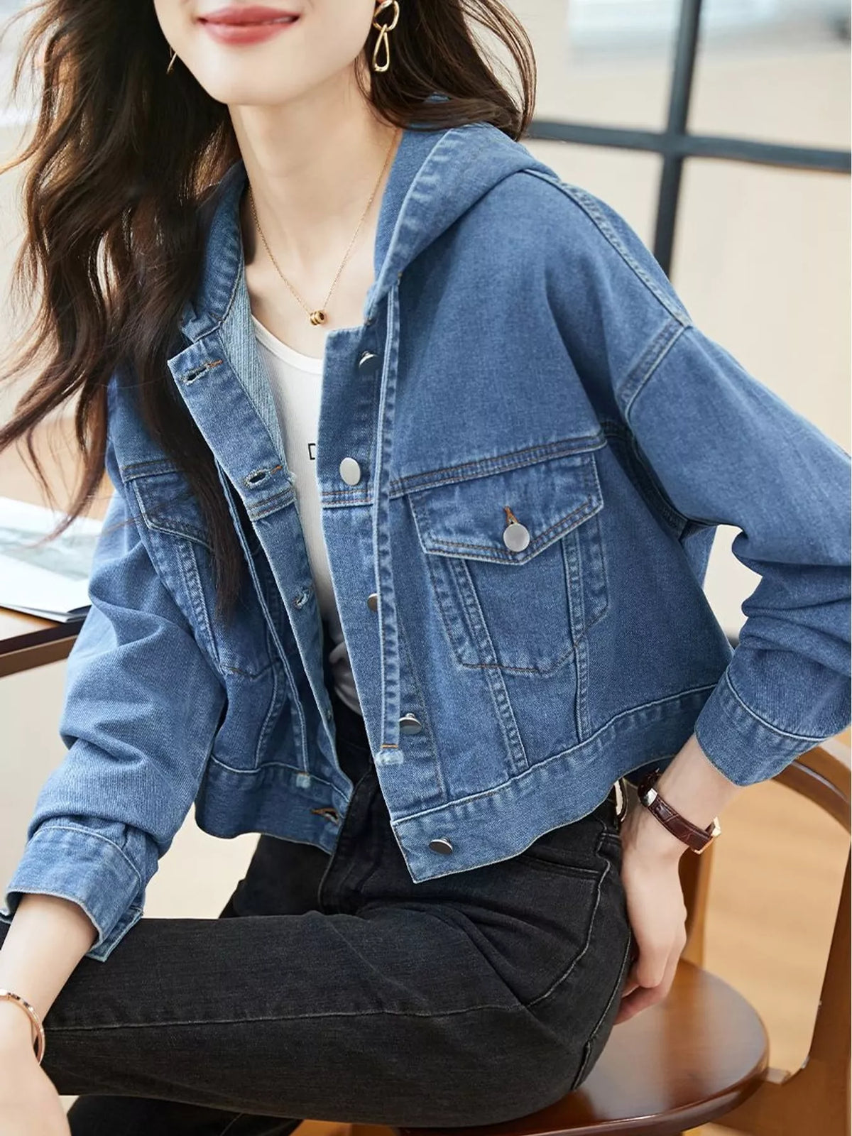 Hooded Cropped Denim Jacket in blue