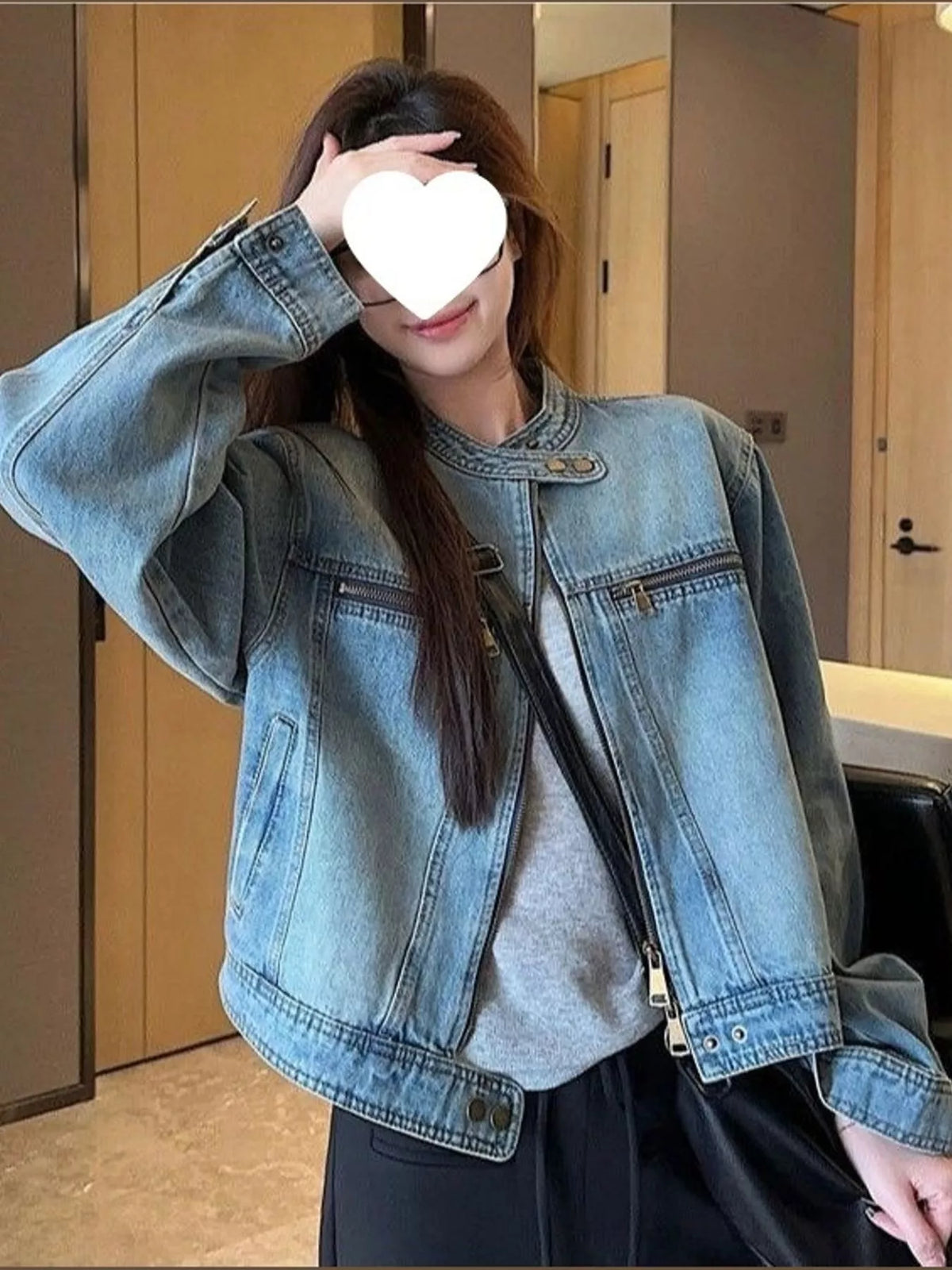 Zip-Up Long Sleeve Denim Jacket — front view
