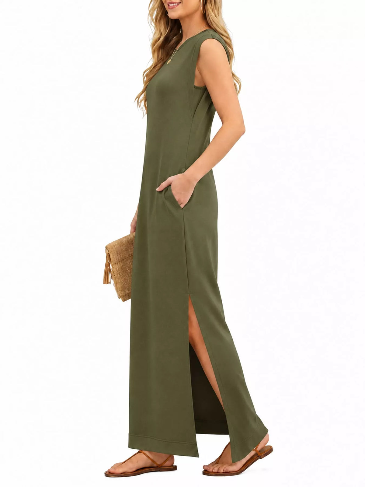 Round neck sleeveless maxi dress, side view