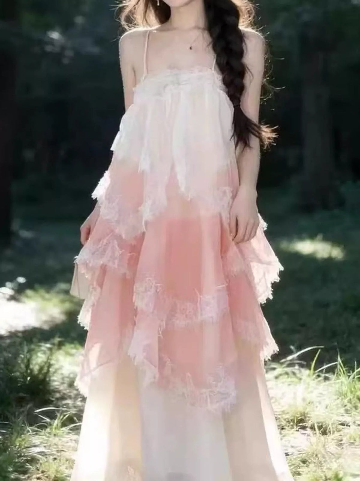 spaghetti-strap maxi dress, front view on model