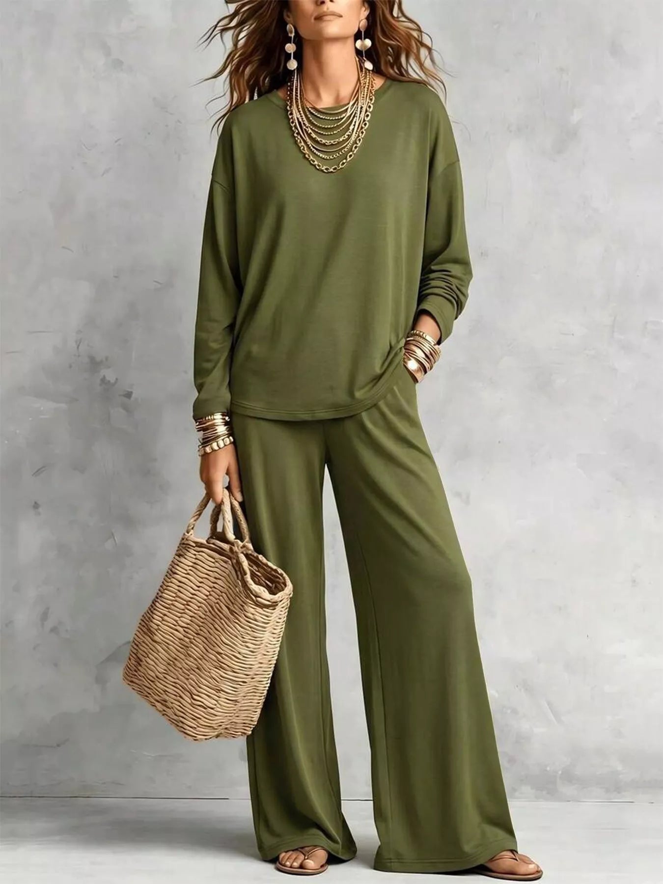 Trendsi Round Neck T-Shirt and Wide-Leg Pants Set -