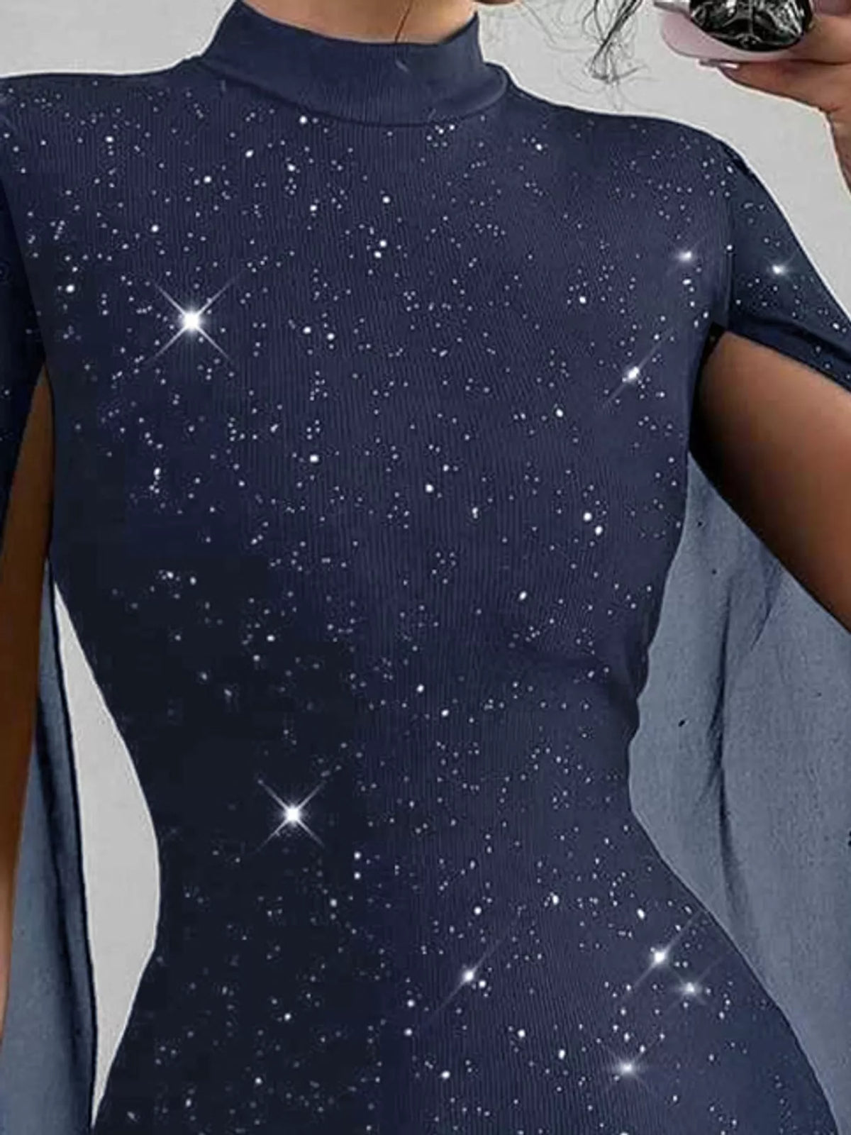 Navy glitter mock neck cape-sleeve mini dress — design and construction details
