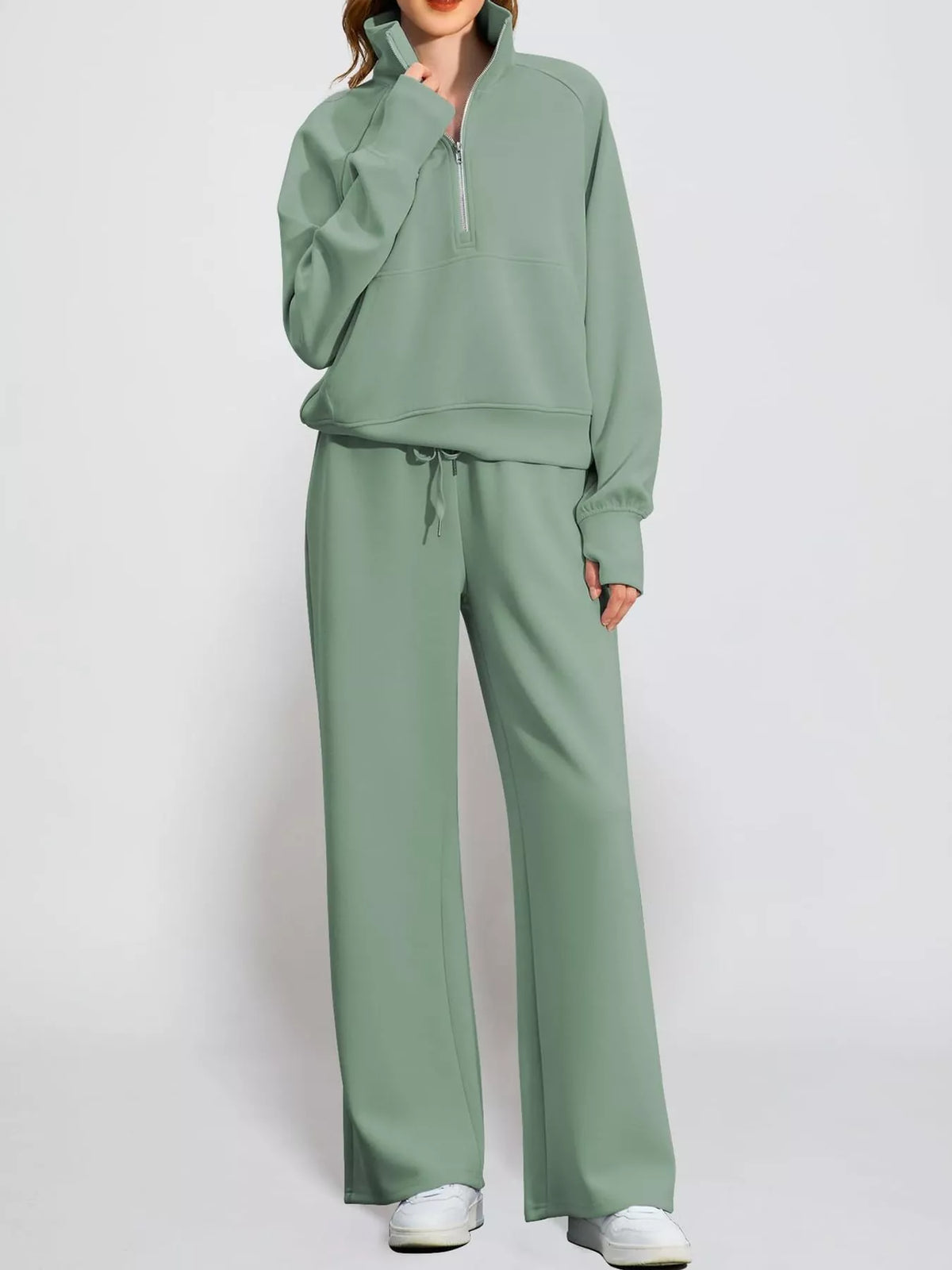 Half-zip top and pants set, green relaxed front