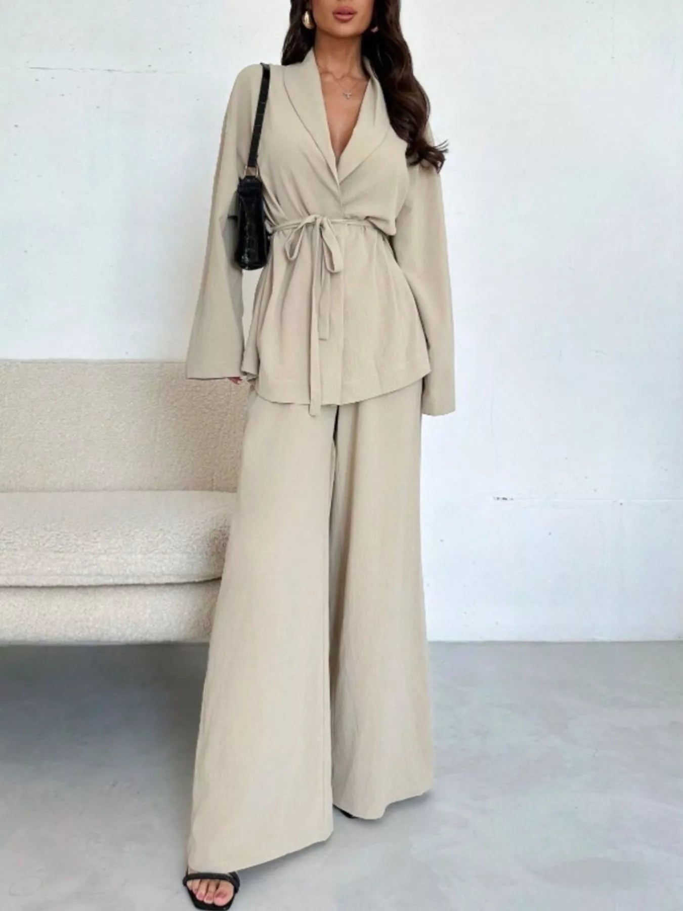 Trendsi Textured Tie Waist Top and Wide-Leg Pants Set -