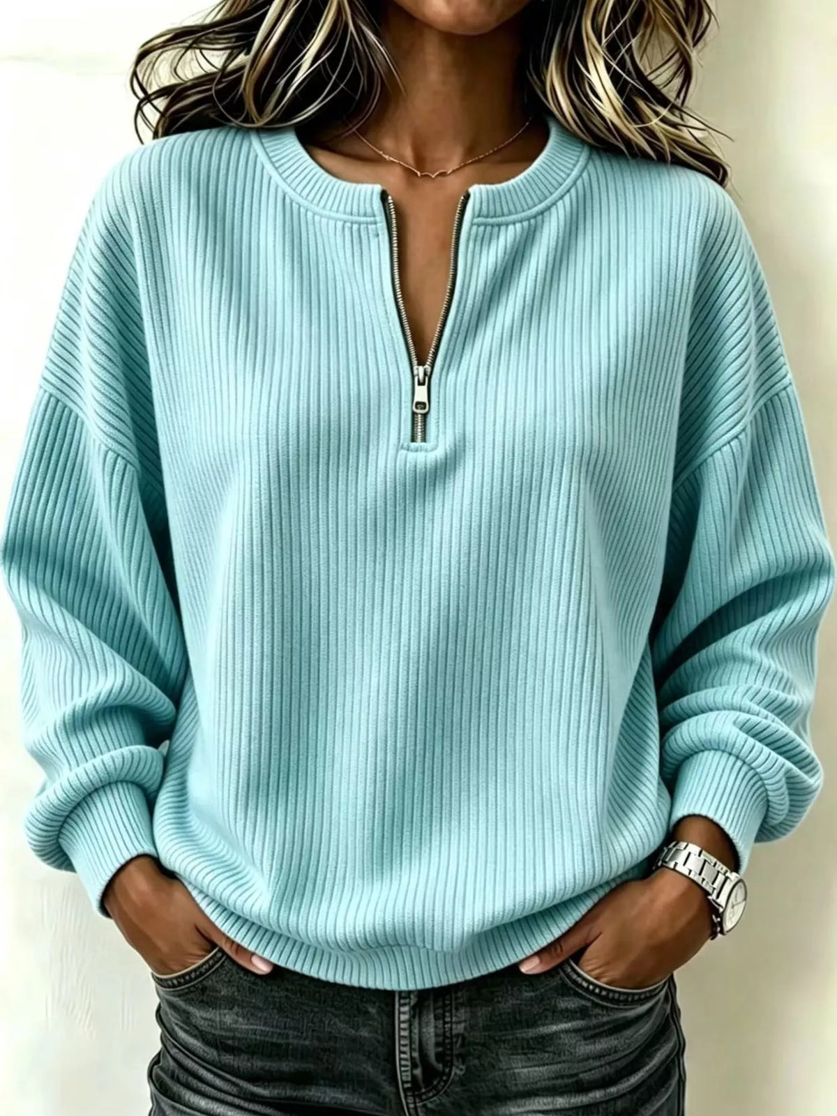 Women's Quarter-Zip Dropped Shoulder Sweatshirt in mint — front view