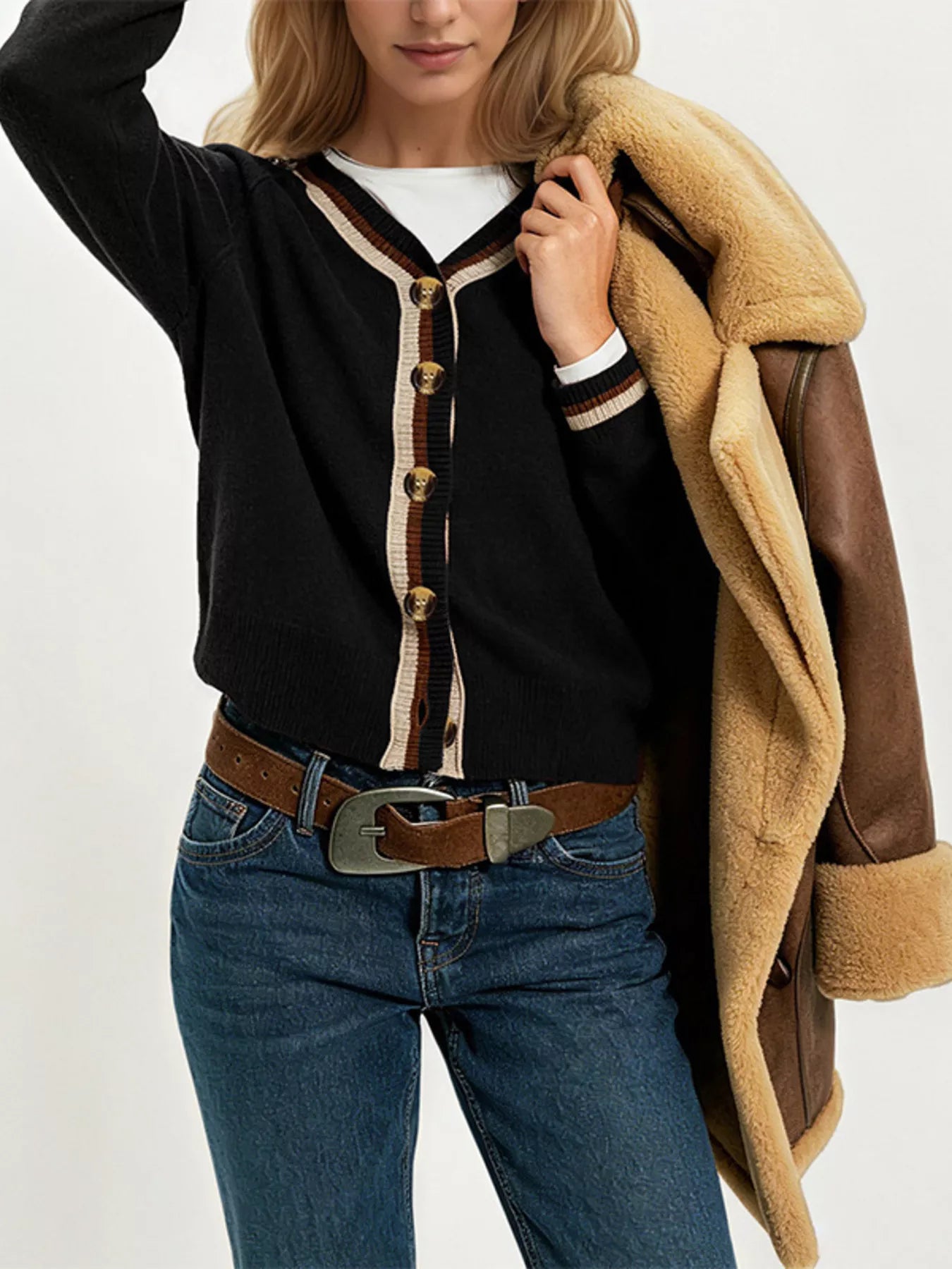 Trendsi Striped Trim Button-Down Cardigan -