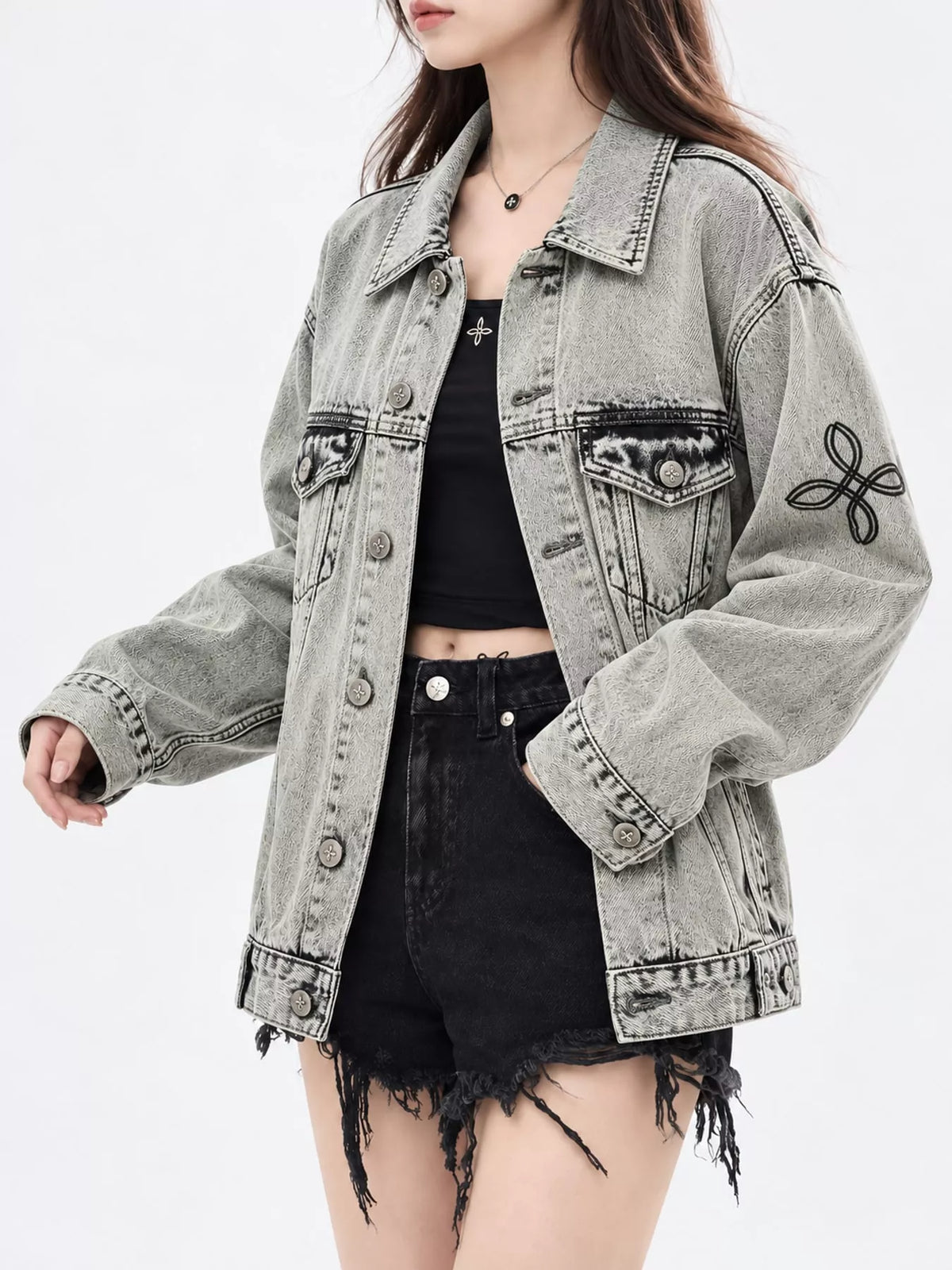 Gray oversized button up denim jacket