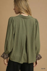 Trendsi Umgee Half Button Blouse with Leopard Print Trim -