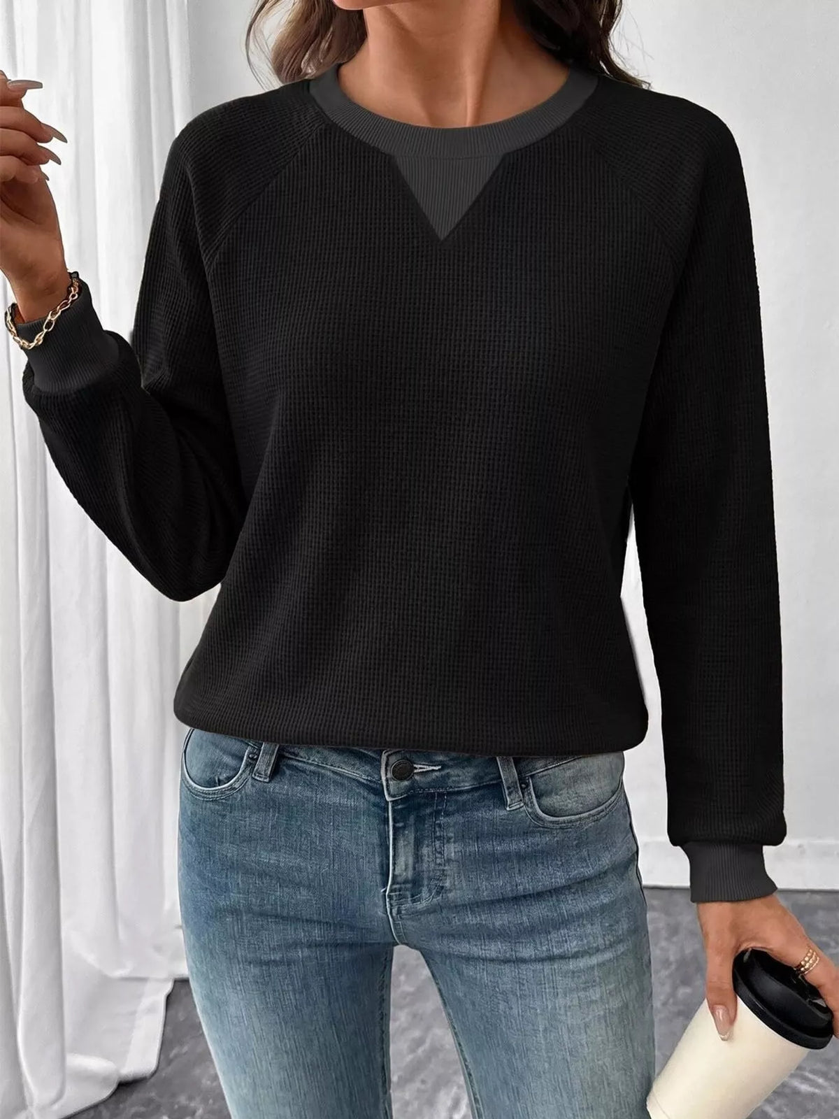 Trendsi Waffle Knit Crew Neck Long Sleeve Sweatshirt -