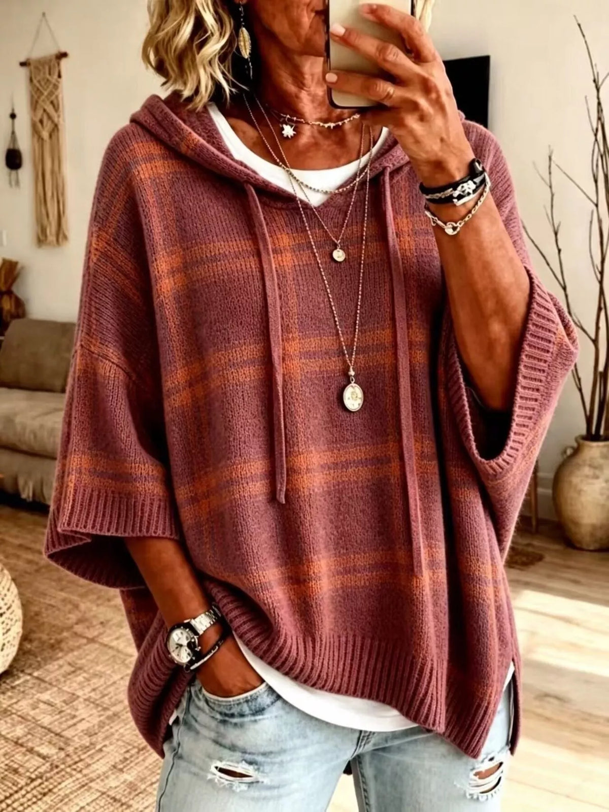 Burgundy plaid hooded sweater, front view
