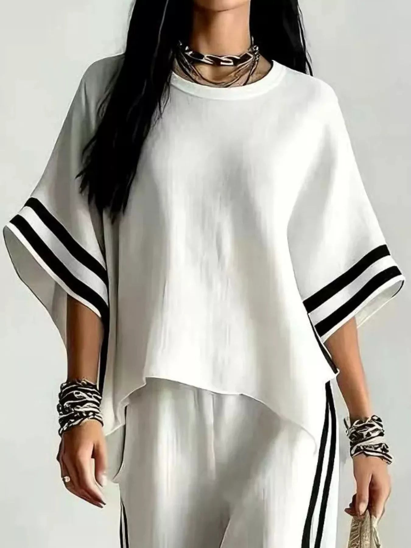 Trendsi Full Size Striped 3/4 Sleeve Top and Pants Set Plus Size -