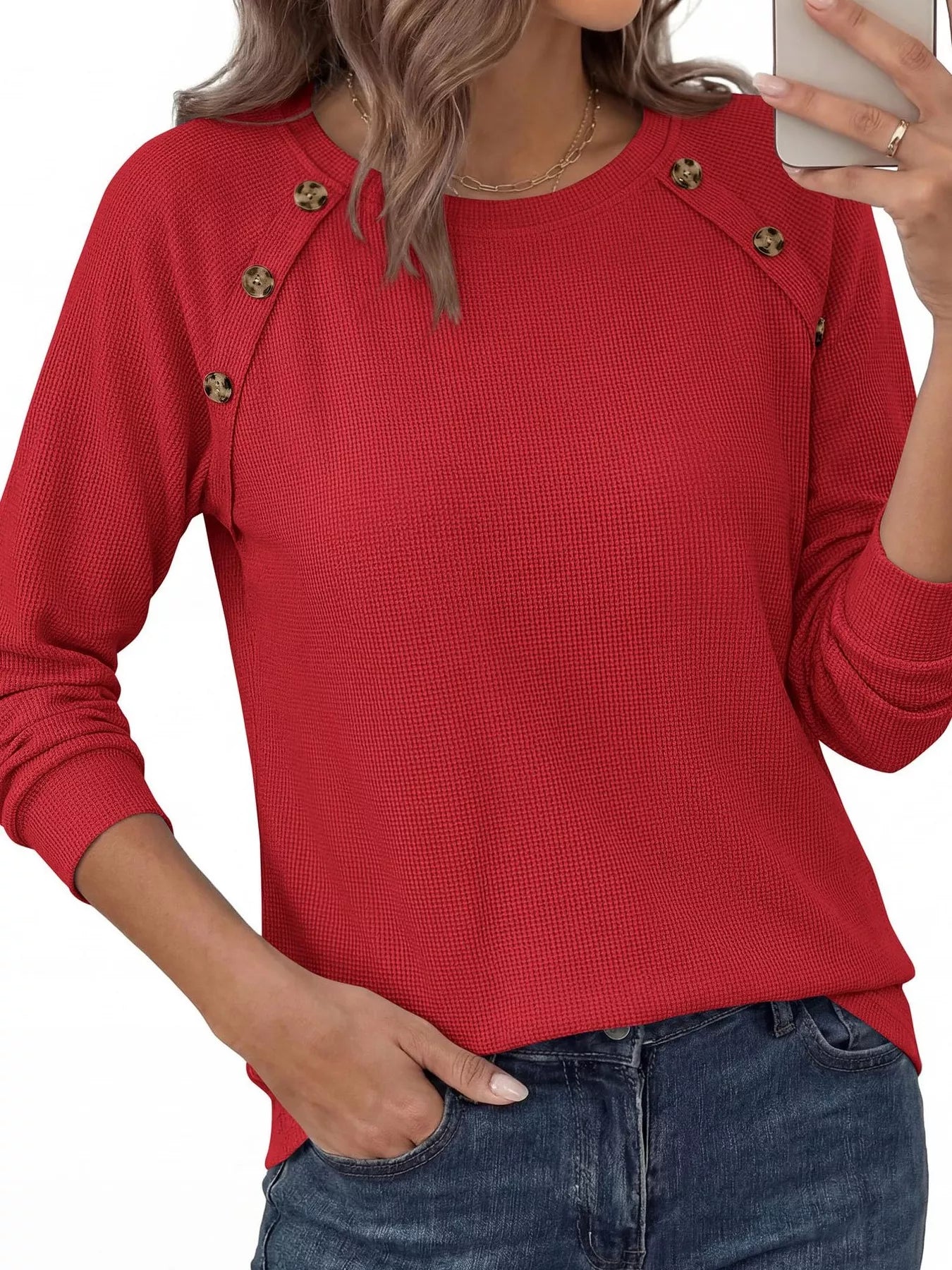 Trendsi Decorative Button Waffle Knit Long Sleeve T-Shirt -