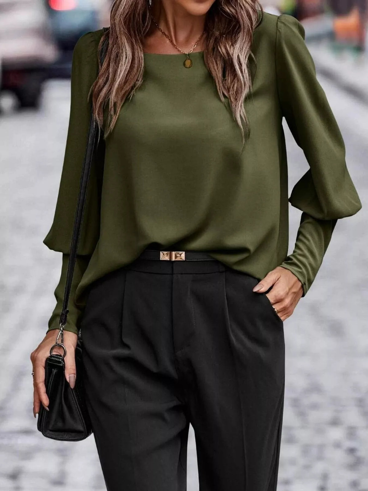 Decorative Button Lantern Sleeve Blouse — front view