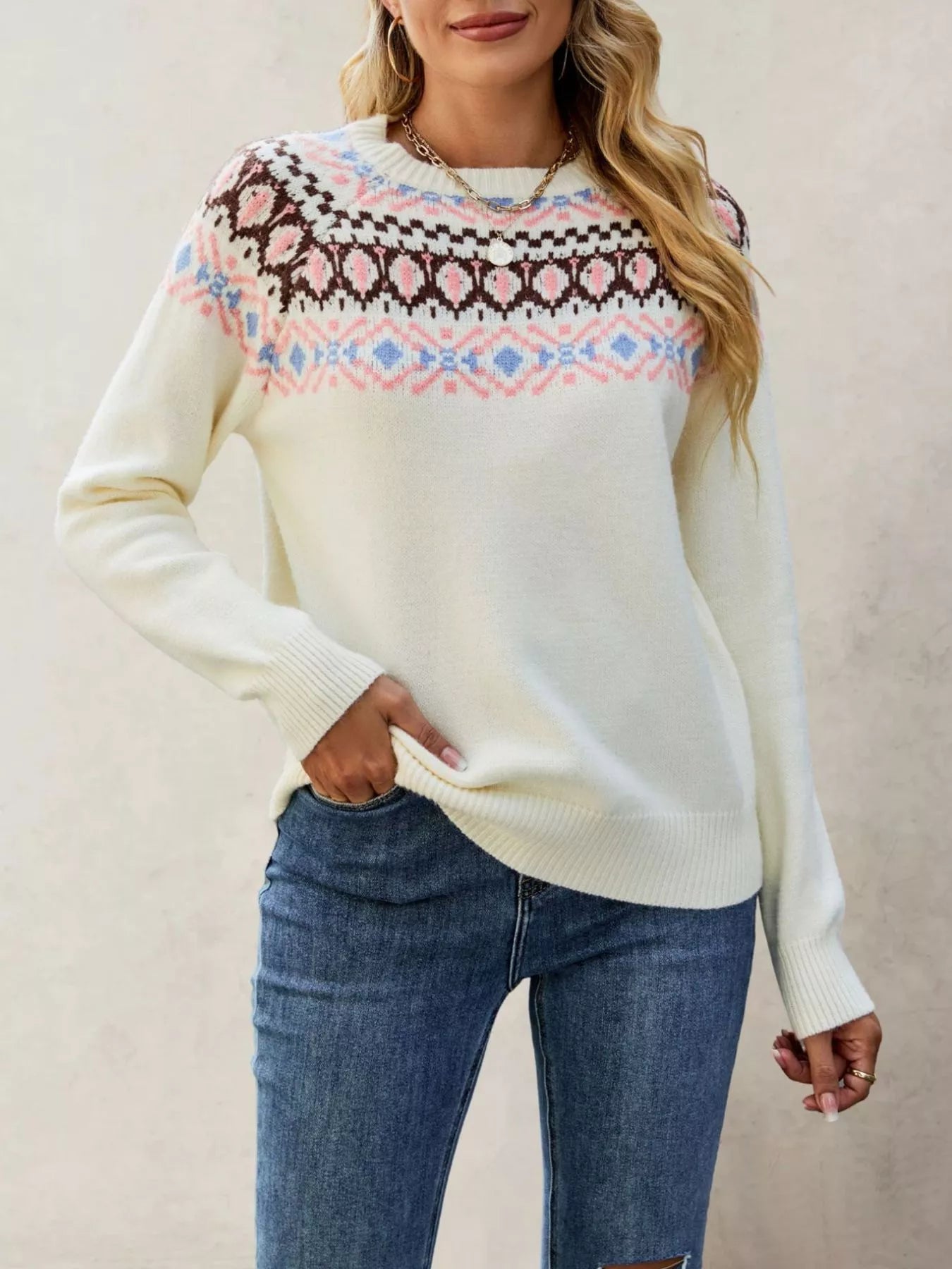 Trendsi Fair Isle Pattern Crew Neck Sweater -
