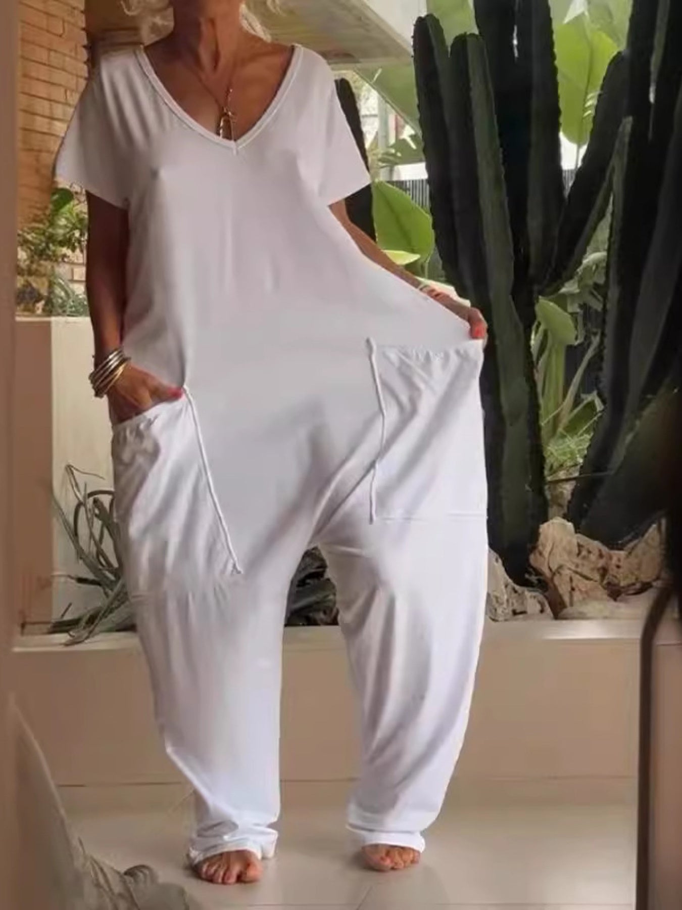 Trendsi Full Size Loose Fit V-Neck Short Sleeve Wide Leg Jumpsuit Plus Size -