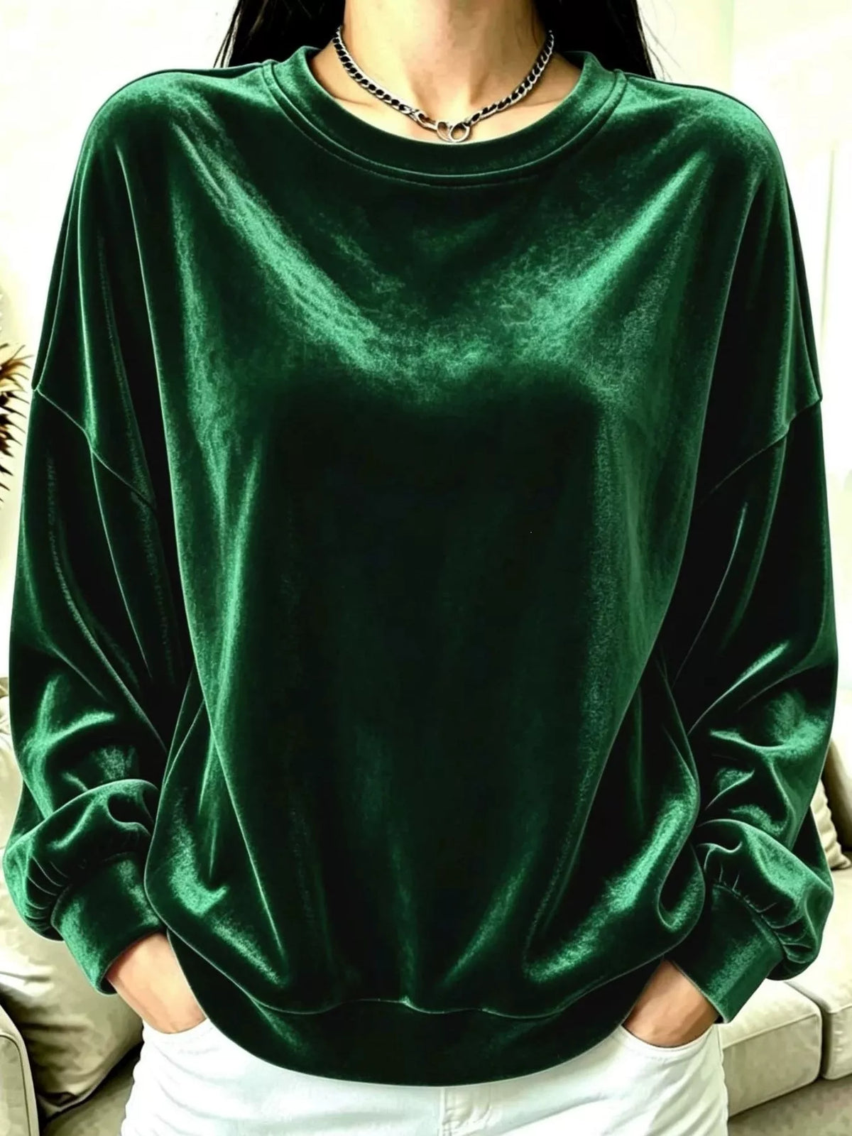 Women's Velvet Dropped Shoulder Sweatshirt in green — front view