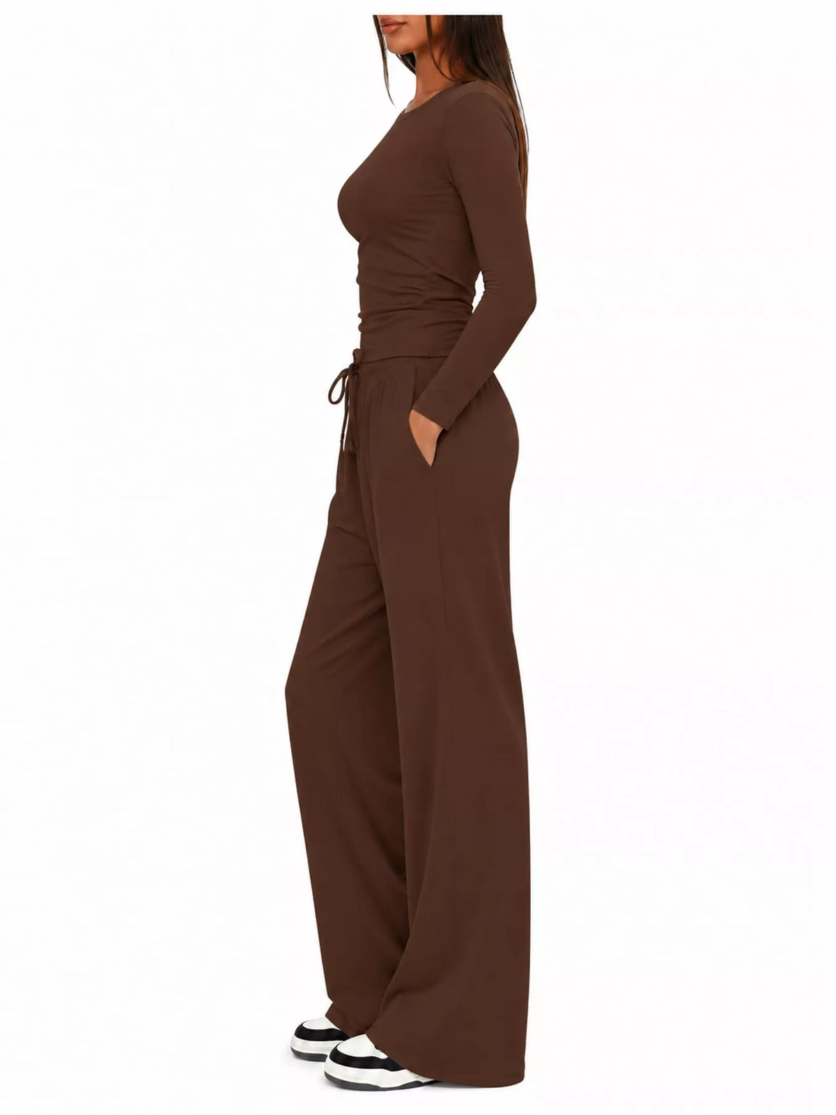 Long Sleeve Ruched Top and Wide-Leg Drawstring Pants Set — side view