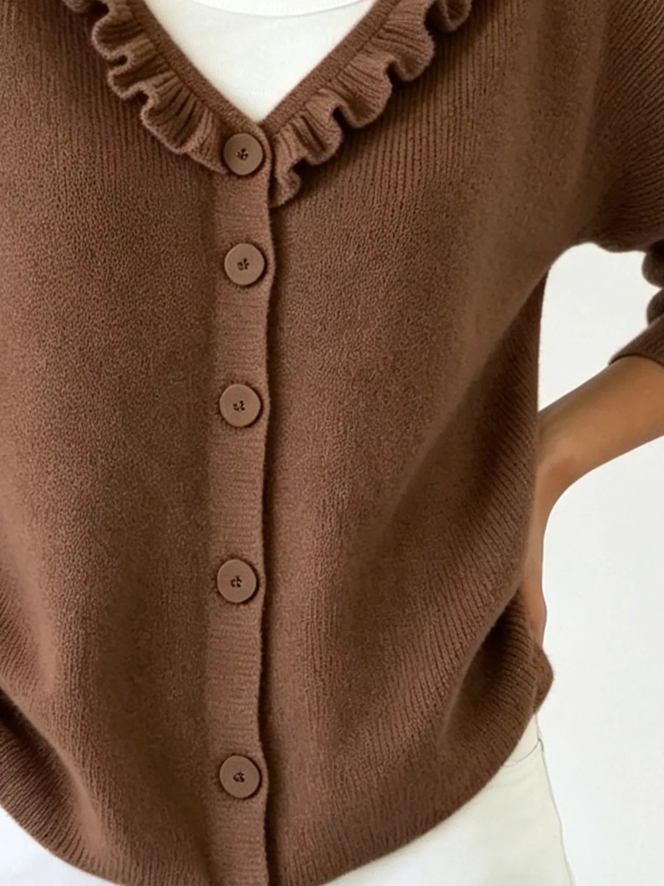 Trendsi Ruffled Neckline Button-Up Cardigan -