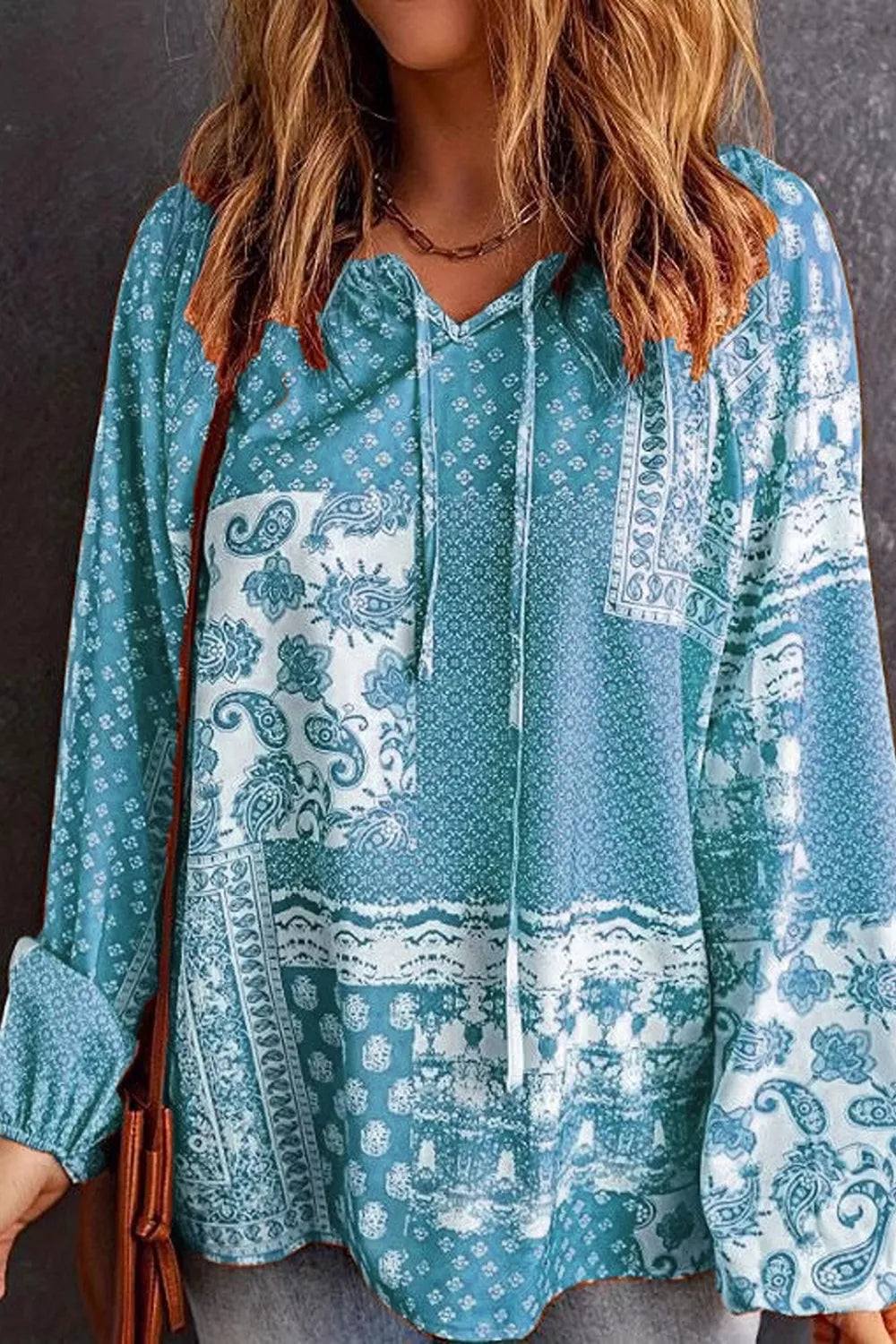 Trendsi Full Size Paisley Print Tie-Neck Long Sleeve Blouse Plus Size -