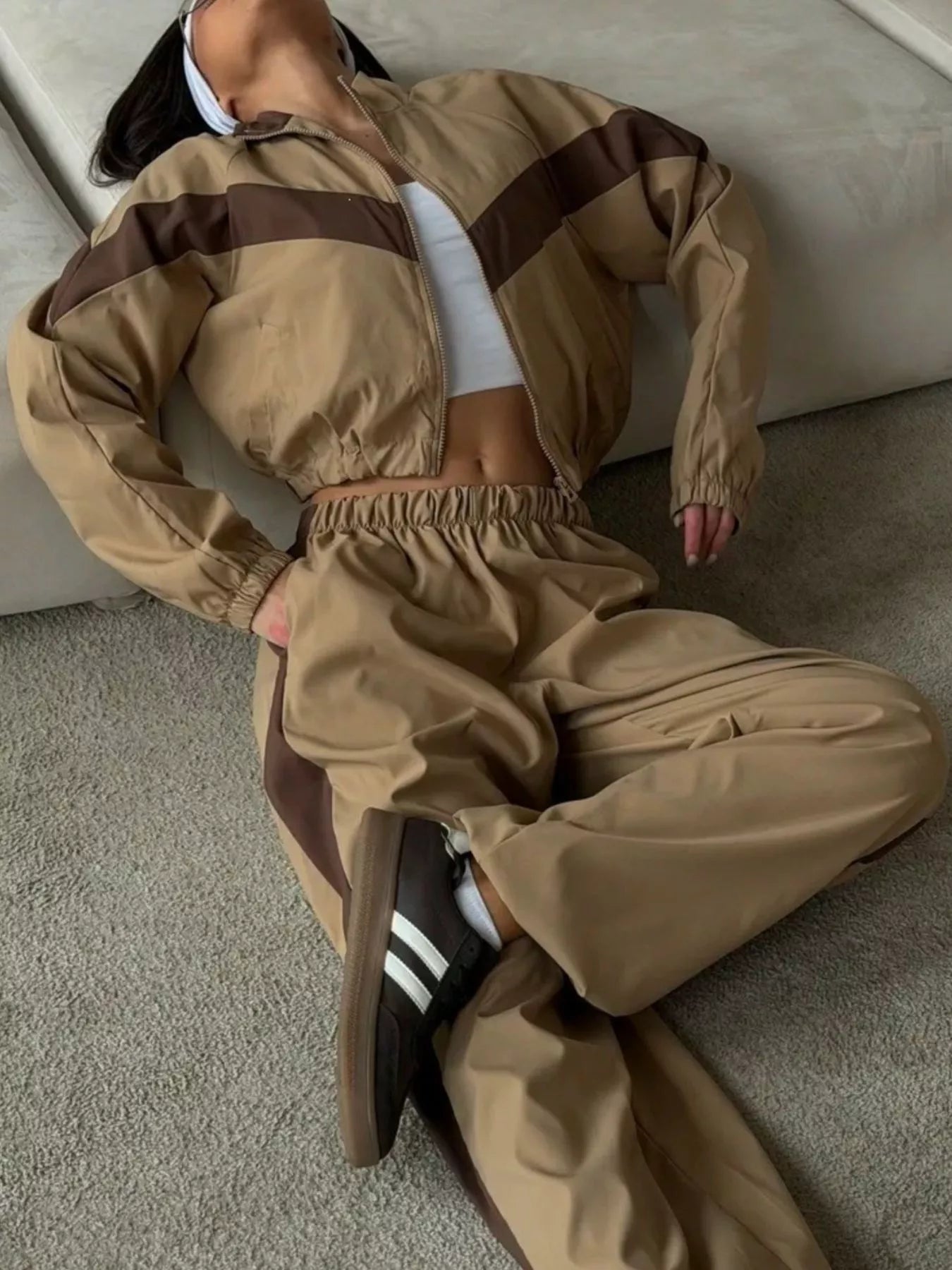 Trendsi Color Block Zip Up Outerwear and Pants Set -