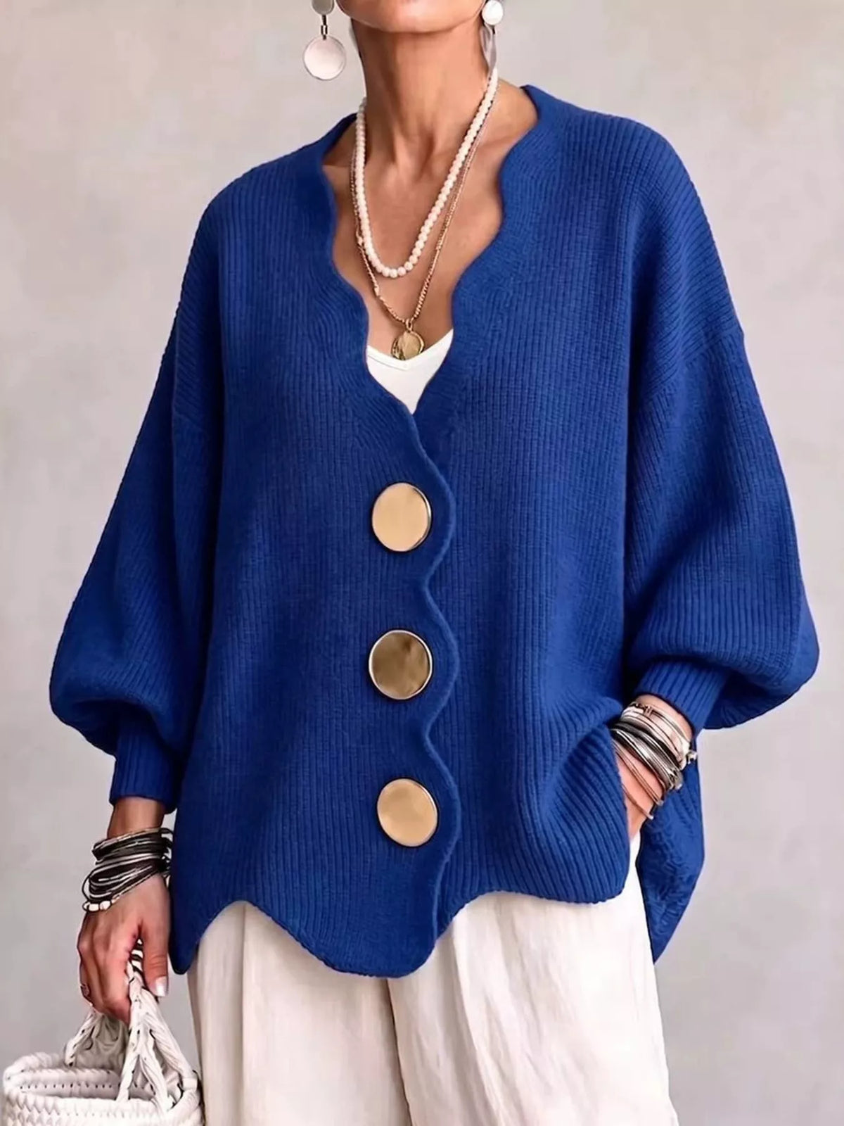 Women's Scalloped-Edge Oversized Button-Down Cardigan in Blue, front view