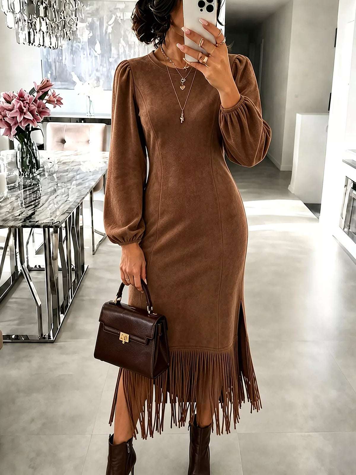 Fringe Balloon Sleeve Midi Dress in brown, front view